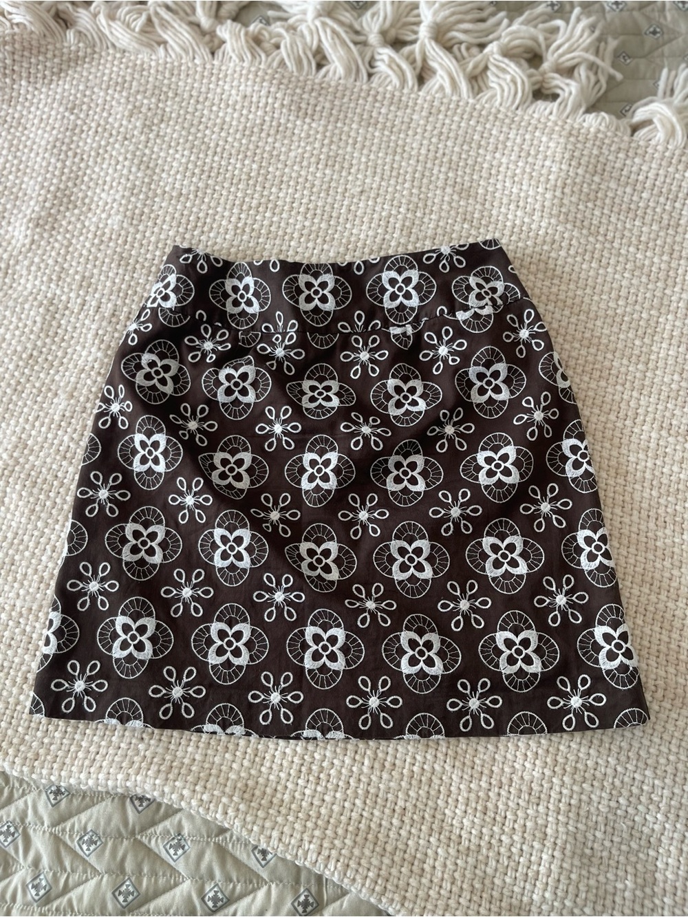 LOFT Brown A-Line Skirt with White Floral Motif